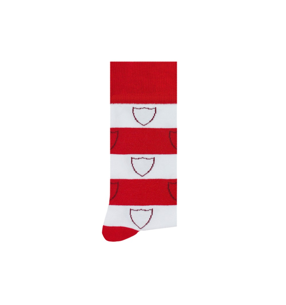 Un dibujo de un par de calcetines con una raya roja y azul